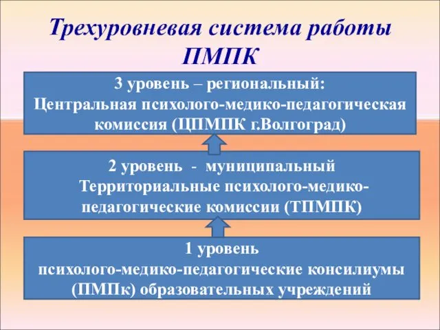 Трехуровневая система работы ПМПК 1 уровень психолого-медико-педагогические консилиумы (ПМПк) образовательных