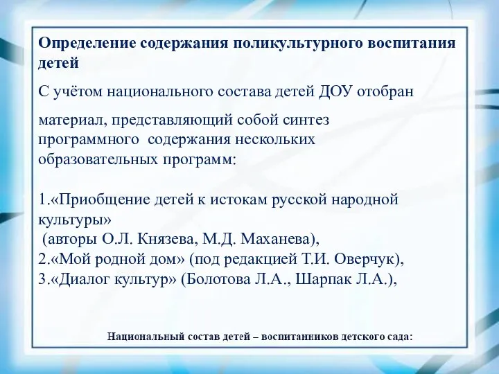 Определение содержания поликультурного воспитания детей С учётом национального состава детей