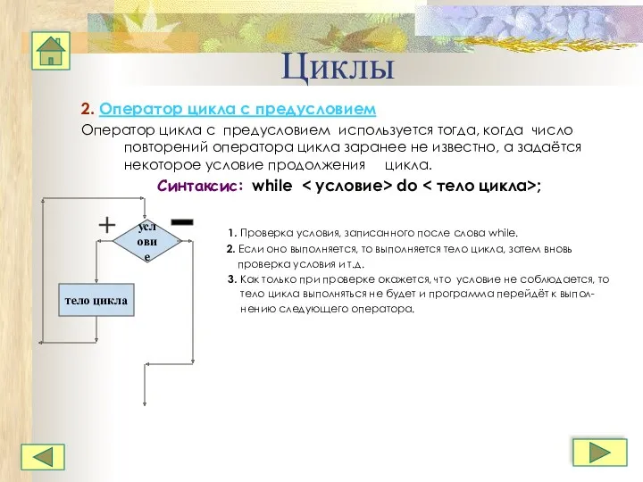 Циклы 2. Оператор цикла с предусловием Оператор цикла с предусловием