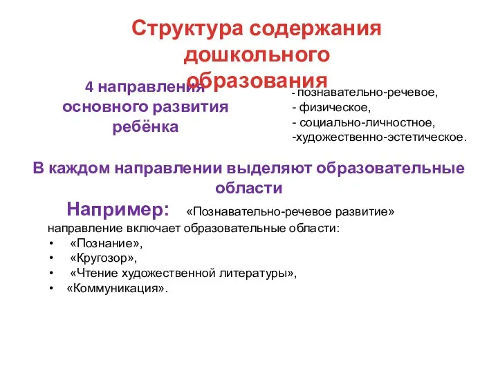 - познавательно-речевое, - физическое, - социально-личностное, -художественно-эстетическое. 4 направления основного развития ребёнка Например: