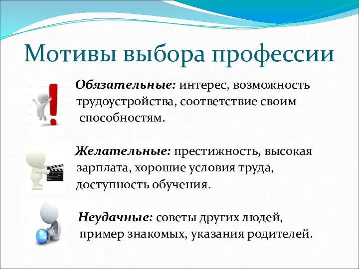 Мотивы выбора профессии Обязательные: интерес, возможность трудоустройства, соответствие своим способностям.