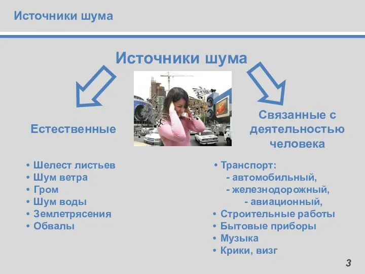 Источники шума Естественные Связанные с деятельностью человека Источники шума Шелест