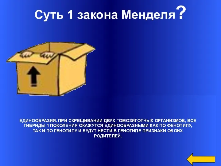 Суть 1 закона Менделя? ЕДИНООБРАЗИЯ. ПРИ СКРЕЩИВАНИИ ДВУХ ГОМОЗИГОТНЫХ ОРГАНИЗМОВ,