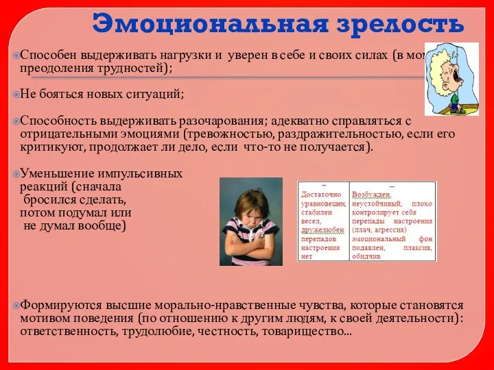 Эмоциональная зрелость Способен выдерживать нагрузки и уверен в себе и своих силах (в