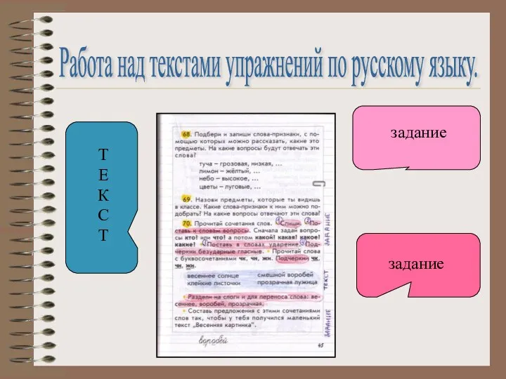 Т Е К С Т задание задание Работа над текстами упражнений по русскому языку.