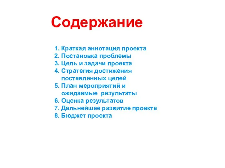 Содержание 1. Краткая аннотация проекта 2. Постановка проблемы 3. Цель и задачи проекта