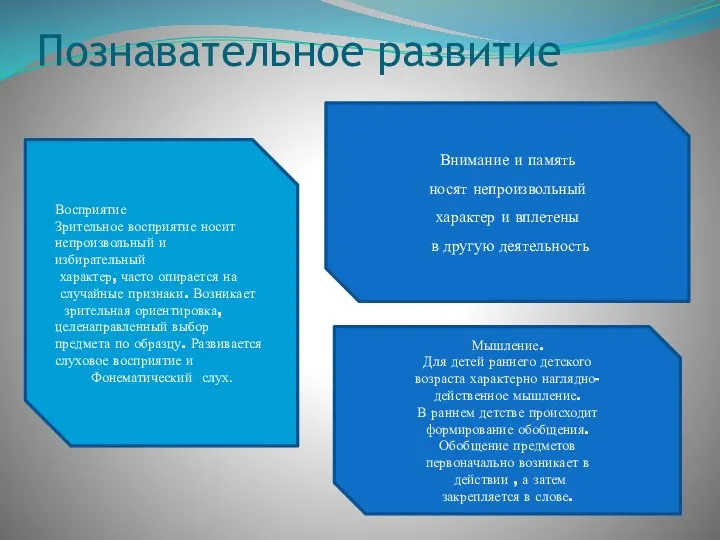 Познавательное развитие Восприятие Зрительное восприятие носит непроизвольный и избирательный характер,