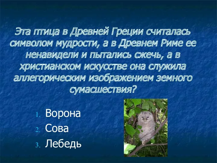 Эта птица в Древней Греции считалась символом мудрости, а в Древнем Риме ее