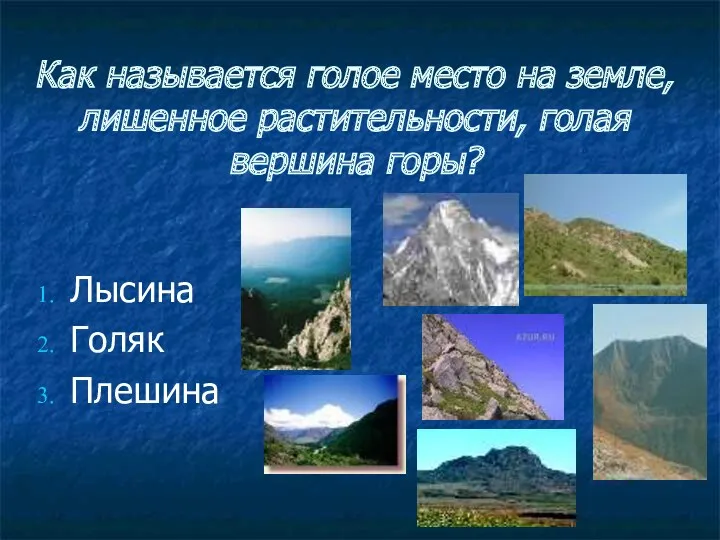 Как называется голое место на земле, лишенное растительности, голая вершина горы? Лысина Голяк Плешина