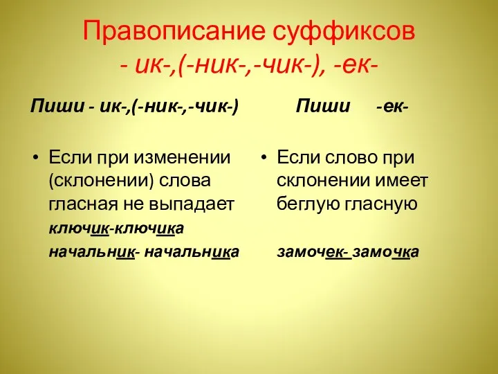 Правописание суффиксов - ик-,(-ник-,-чик-), -ек- Пиши - ик-,(-ник-,-чик-) Если при