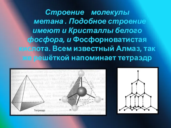 Строение молекулы метана . Подобное строение имеют и Кристаллы белого