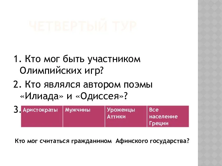 ЧЕТВЕРТЫЙ ТУР 1. Кто мог быть участником Олимпийских игр? 2.