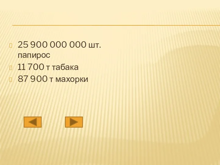 25 900 000 000 шт. папирос 11 700 т табака 87 900 т махорки