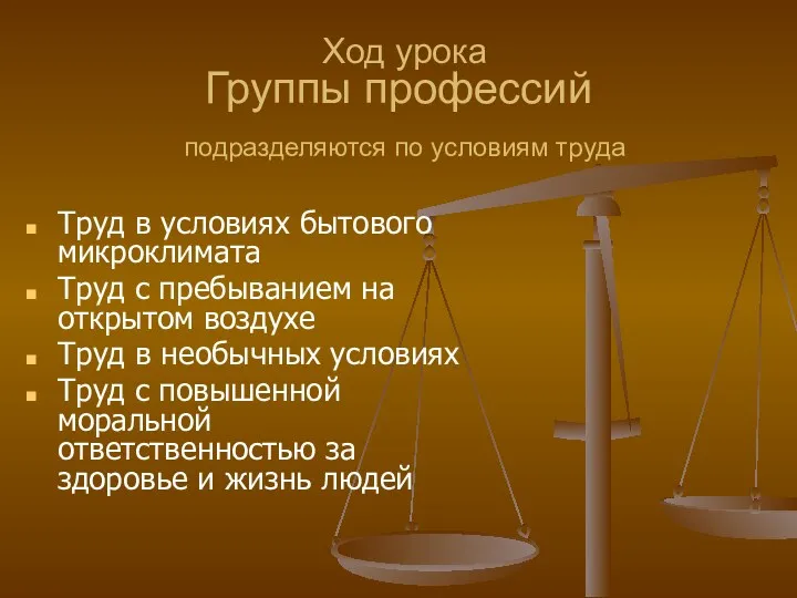 Группы профессий подразделяются по условиям труда Труд в условиях бытового микроклимата Труд с