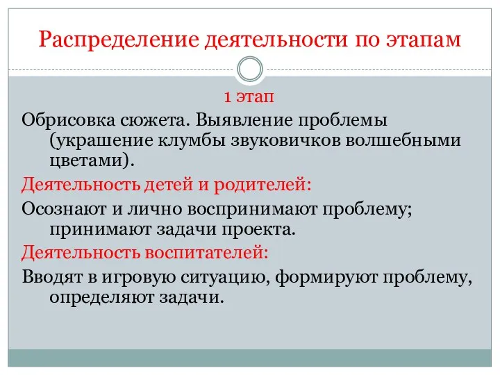 Распределение деятельности по этапам 1 этап Обрисовка сюжета. Выявление проблемы