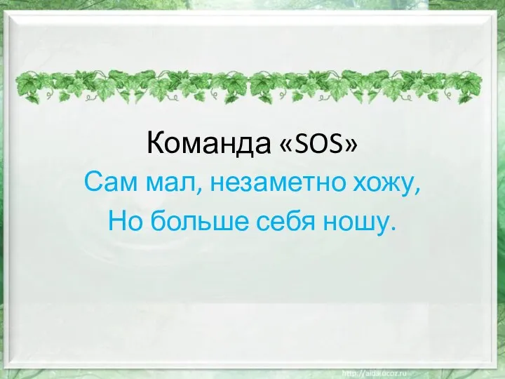 Команда «SOS» Сам мал, незаметно хожу, Но больше себя ношу.