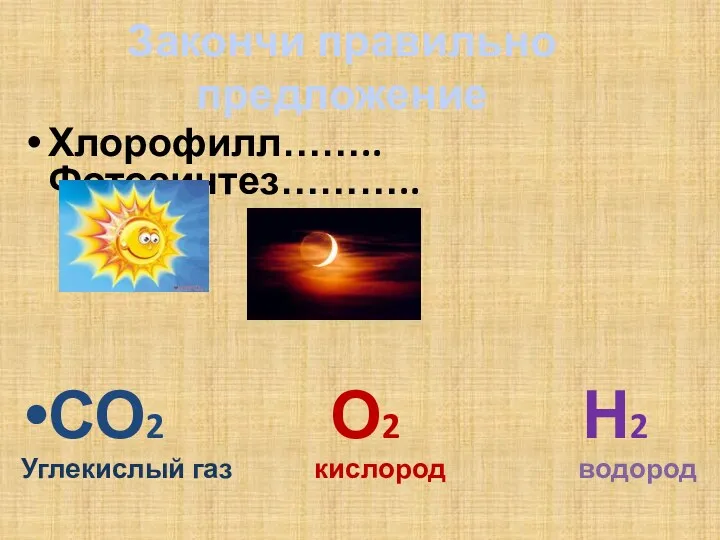Закончи правильно предложение Хлорофилл…….. Фотосинтез……….. СО2 О2 Н2 Углекислый газ кислород водород