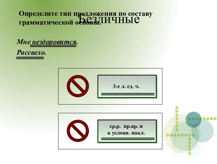 Мне нездоровится. Рассвело. Безличные Определите тип предложения по составу грамматической основы.