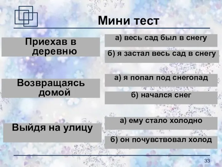 Мини тест Приехав в деревню а) весь сад был в