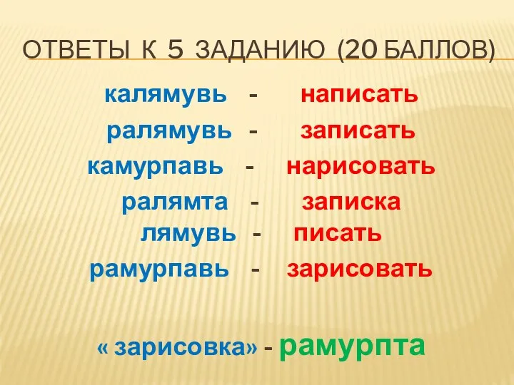 Ответы к 5 заданию (20 баллов) калямувь - написать ралямувь