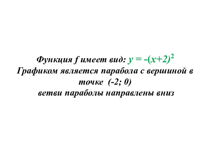 Функция f имеет вид: y = -(x+2)2 Графиком является парабола