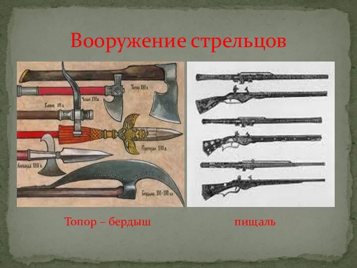 Вооружение стрельцов Топор – бердыш пищаль