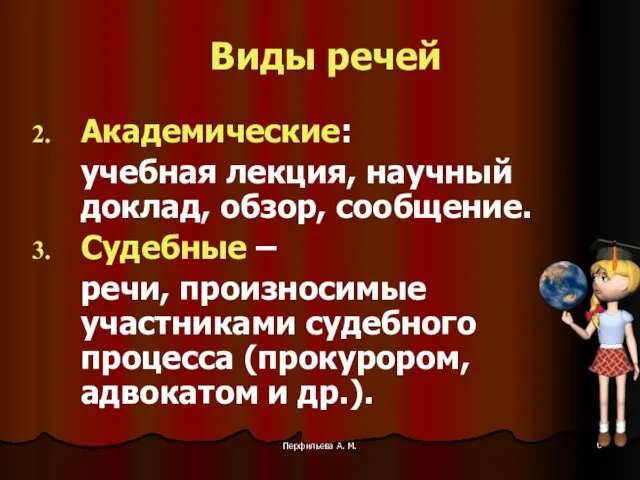 Перфильева А. М. Виды речей Академические: учебная лекция, научный доклад,