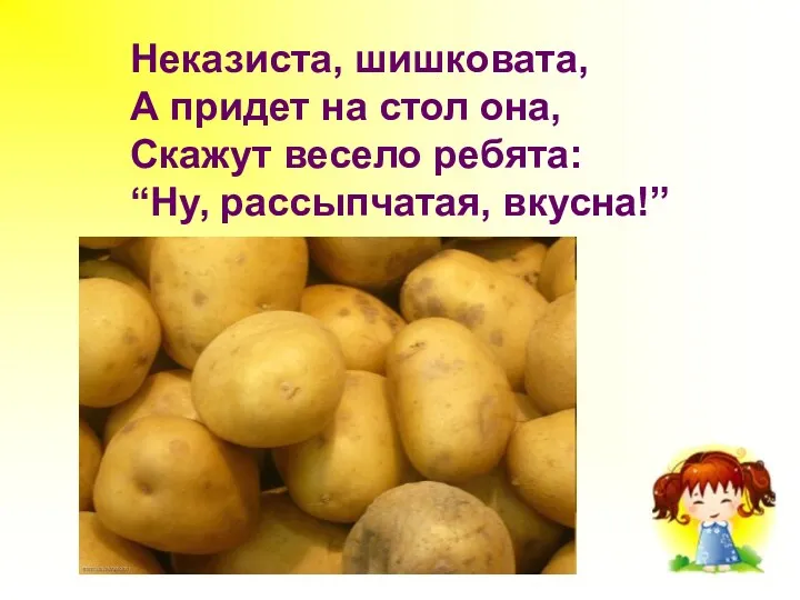 Неказиста, шишковата, А придет на стол она, Скажут весело ребята: “Ну, рассыпчатая, вкусна!”