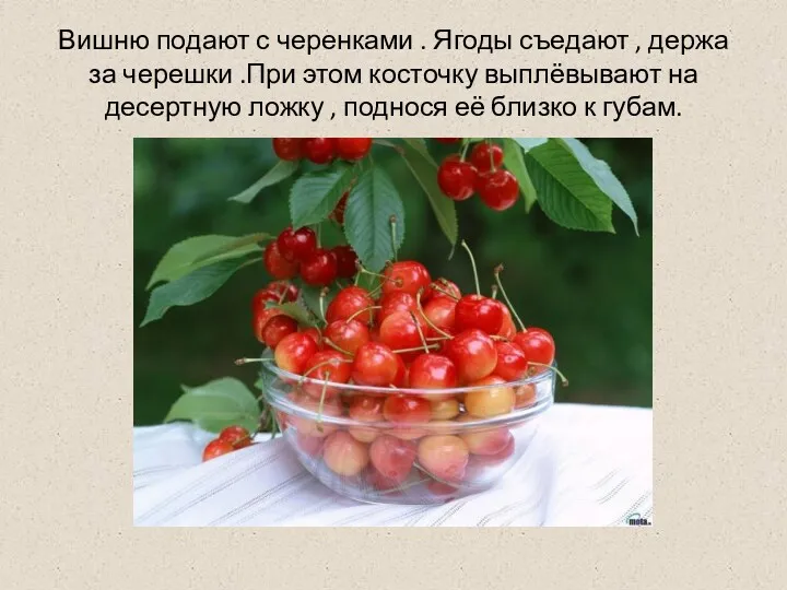 Вишню подают с черенками . Ягоды съедают , держа за черешки .При этом