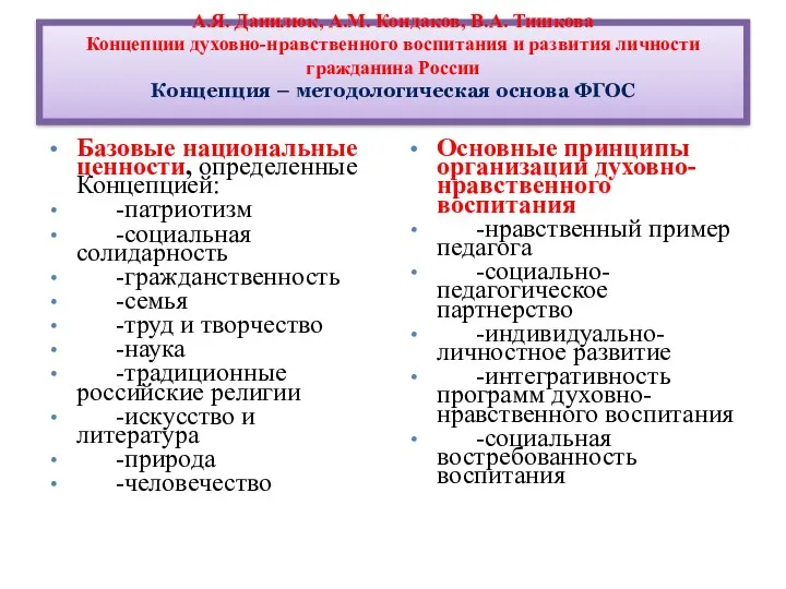 А.Я. Данилюк, А.М. Кондаков, В.А. Тишкова Концепции духовно-нравственного воспитания и