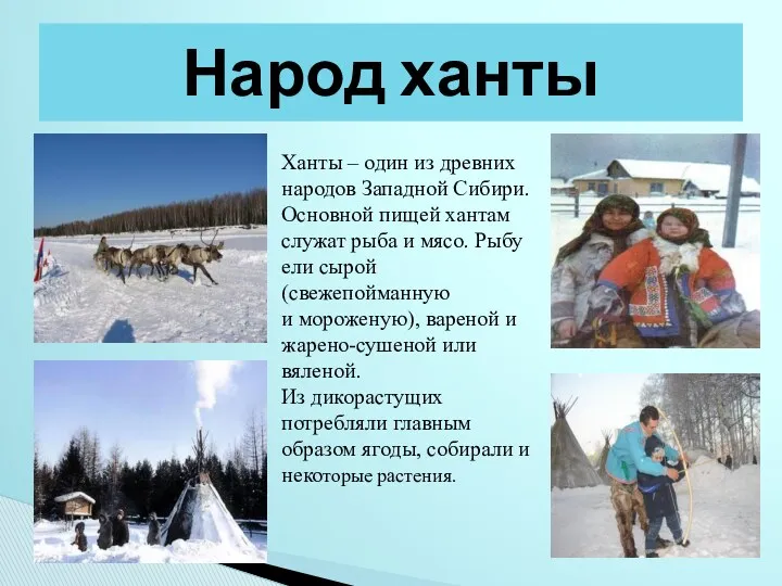 Народ ханты Ханты – один из древних народов Западной Сибири. Основной пищей хантам