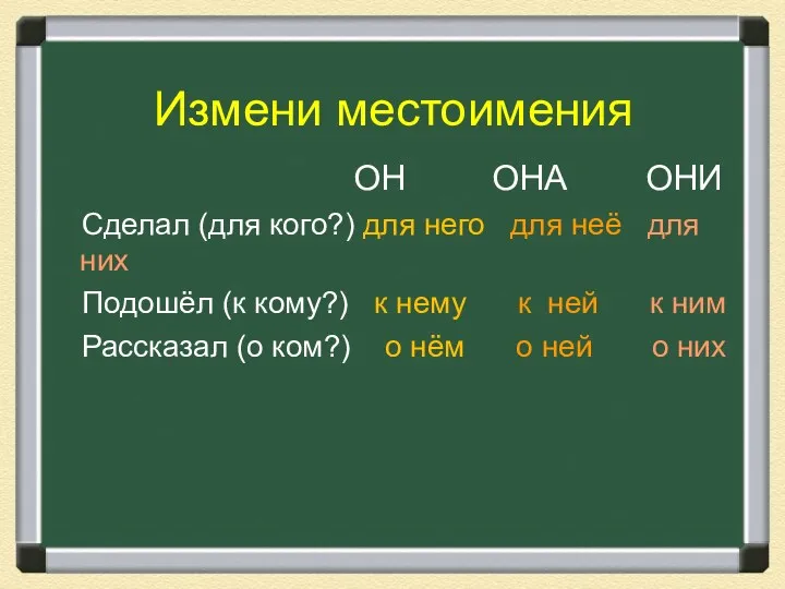 Измени местоимения ОН ОНА ОНИ Сделал (для кого?) для него