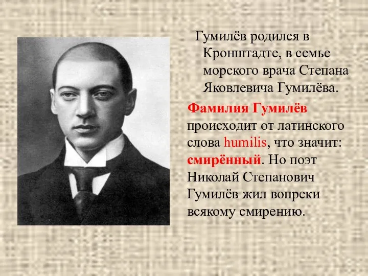 Гумилёв родился в Кронштадте, в семье морского врача Степана Яковлевича Гумилёва. Фамилия Гумилёв