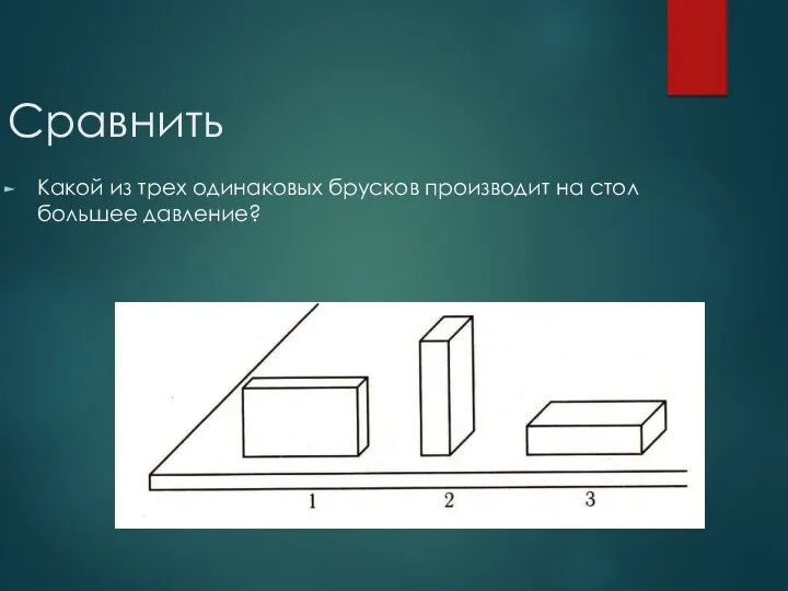 Сравнить Какой из трех одинаковых брусков производит на стол большее давление?