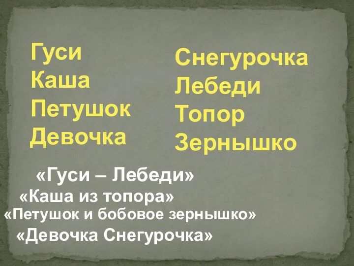 Гуси Каша Петушок Девочка Снегурочка Лебеди Топор Зернышко «Гуси – Лебеди» «Каша из