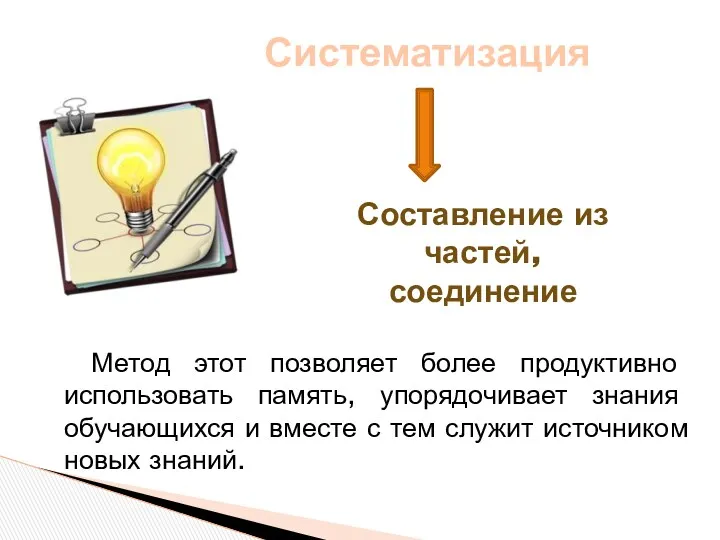 Метод этот позволяет более продуктивно использовать память, упорядочивает знания обучающихся