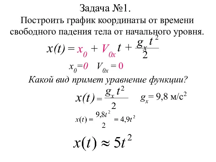 Задача №1. Построить график координаты от времени свободного падения тела