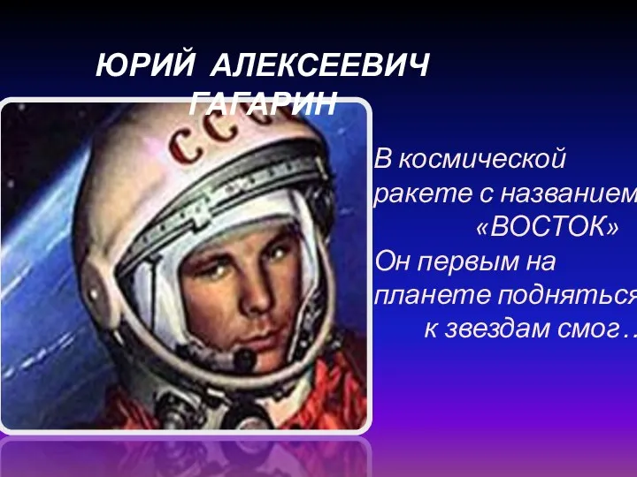 ЮРИЙ АЛЕКСЕЕВИЧ ГАГАРИН В космической ракете с названием «ВОСТОК» Он