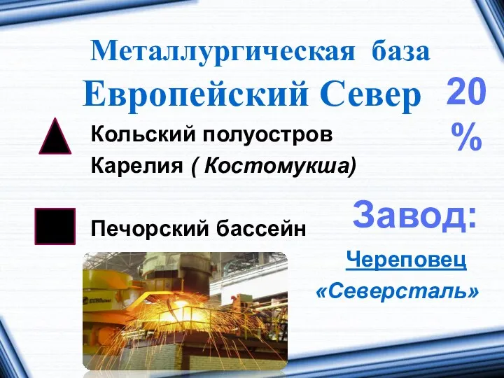 Металлургическая база Европейский Север Кольский полуостров Карелия ( Костомукша) Печорский бассейн Череповец «Северсталь» 20% Завод: