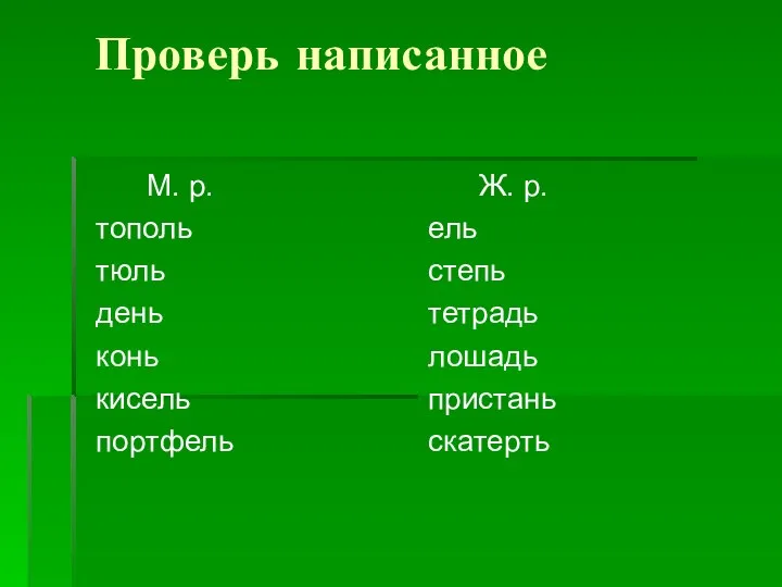 Проверь написанное М. р. тополь тюль день конь кисель портфель