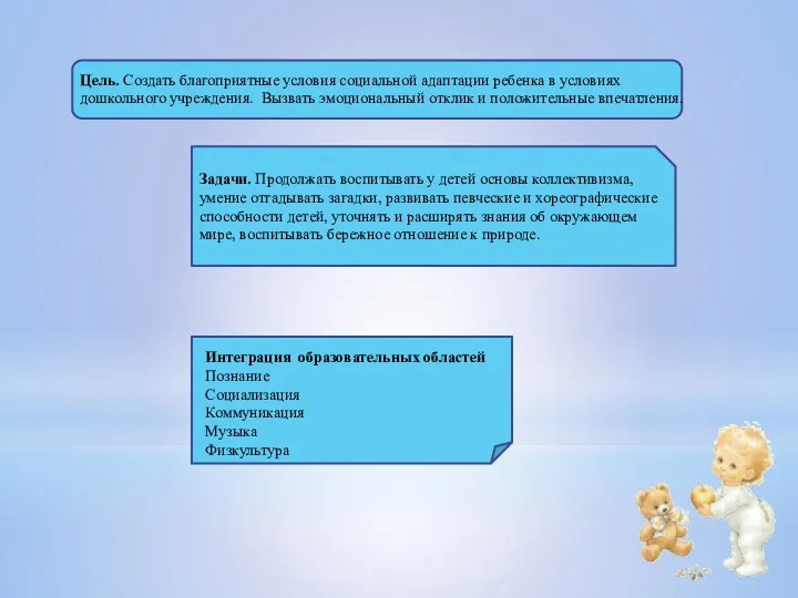 Задачи. Продолжать воспитывать у детей основы коллективизма, умение отгадывать загадки,