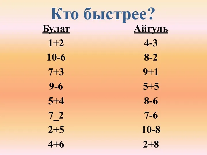 Кто быстрее? Булат 1+2 10-6 7+3 9-6 5+4 7_2 2+5