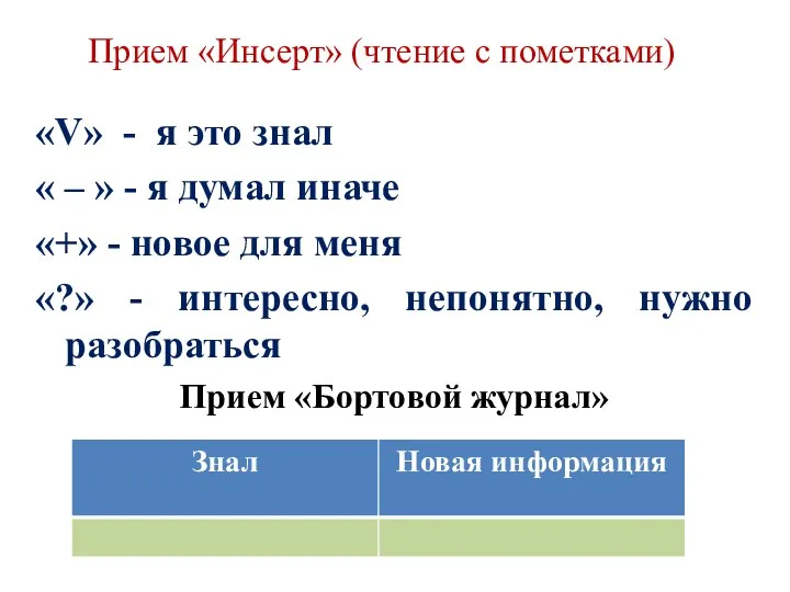 Прием «Инсерт» (чтение с пометками) «V» - я это знал