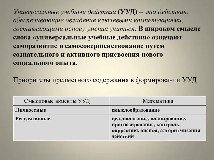 Универсальные учебные действия (УУД) – это действия, обеспечивающие овладение ключевыми