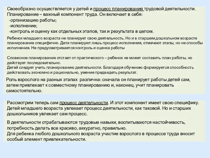 Своеобразно осуществляется у детей и процесс планирования трудовой деятельности. Планирование