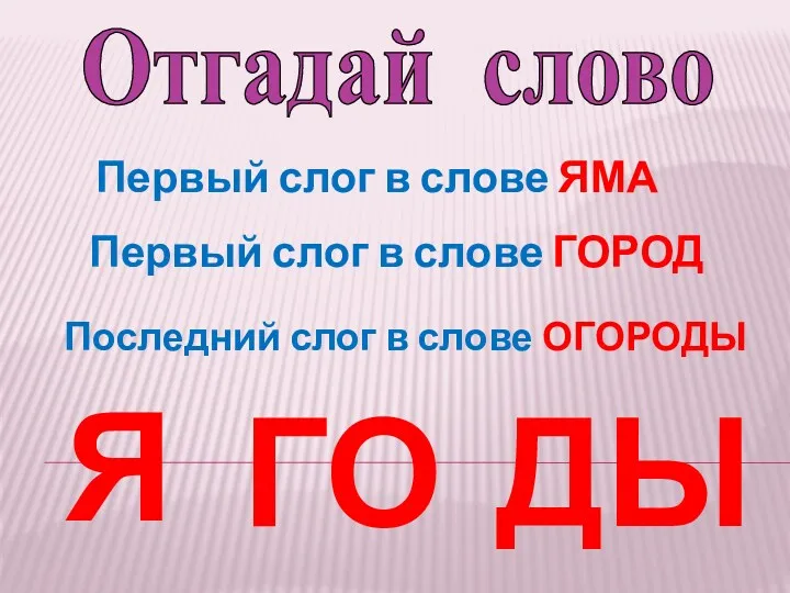 Отгадай слово Первый слог в слове ЯМА Первый слог в