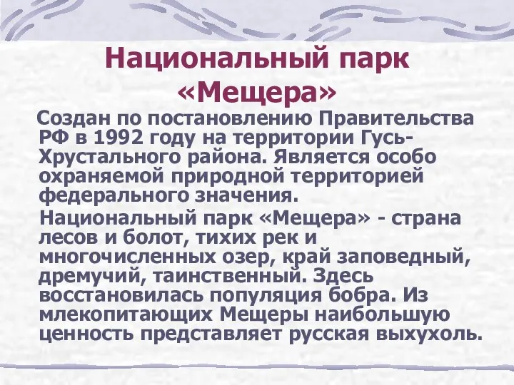 Национальный парк «Мещера» Создан по постановлению Правительства РФ в 1992 году на территории