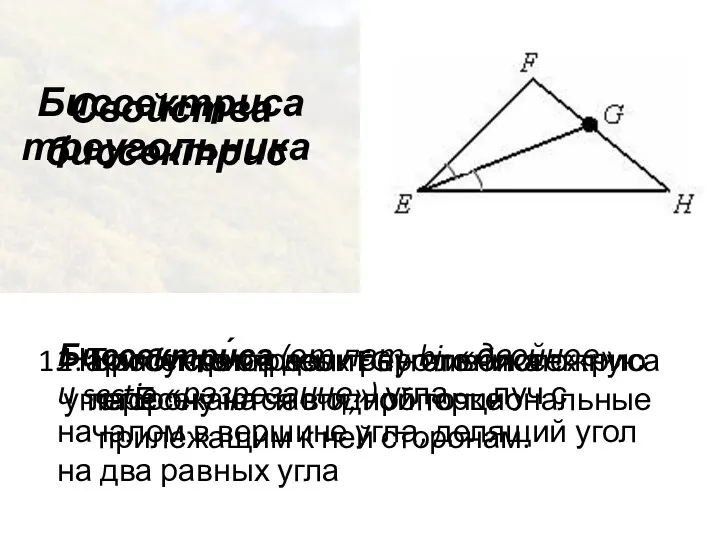 Биссектриса треугольника Биссектри́са (от лат. bi- «двойное», и sectio «разрезание») угла — луч