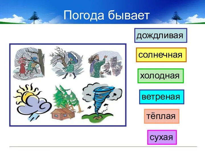 Погода бывает холодная дождливая сухая солнечная ветреная тёплая