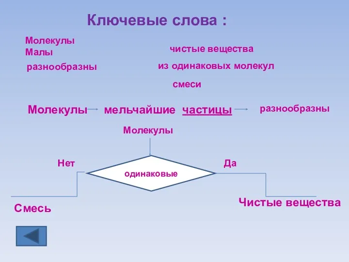 Ключевые слова : Молекулы Малы разнообразны чистые вещества из одинаковых